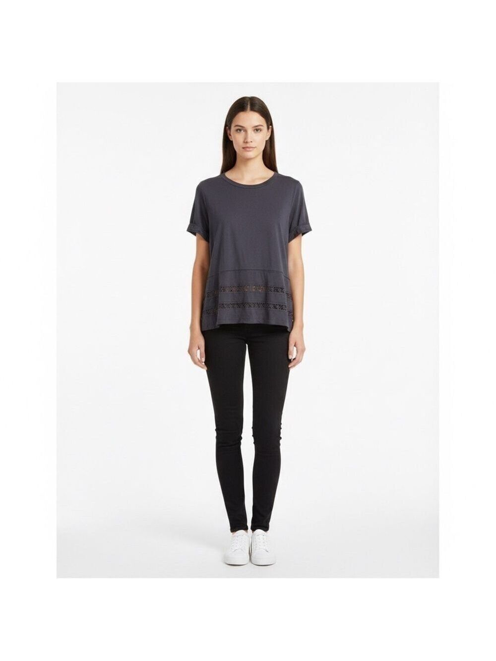 Wilfred Aritzia charcoal Grey eyelet lace short sleeve top XS